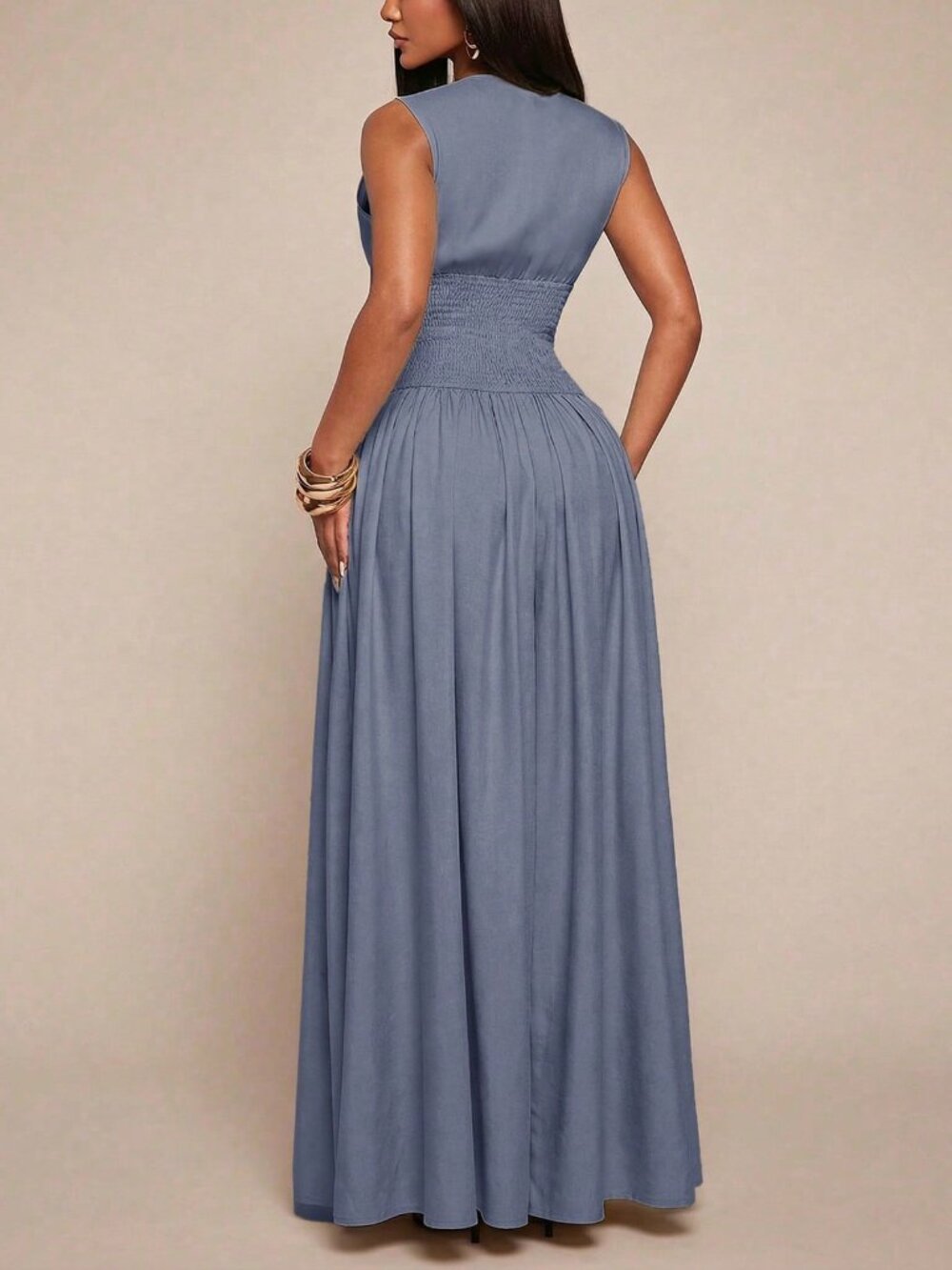 Blue Elegant Women's V-Neck Sleeveless Waist Cinched Button Front Shirt Dress - Picture 2 of 6